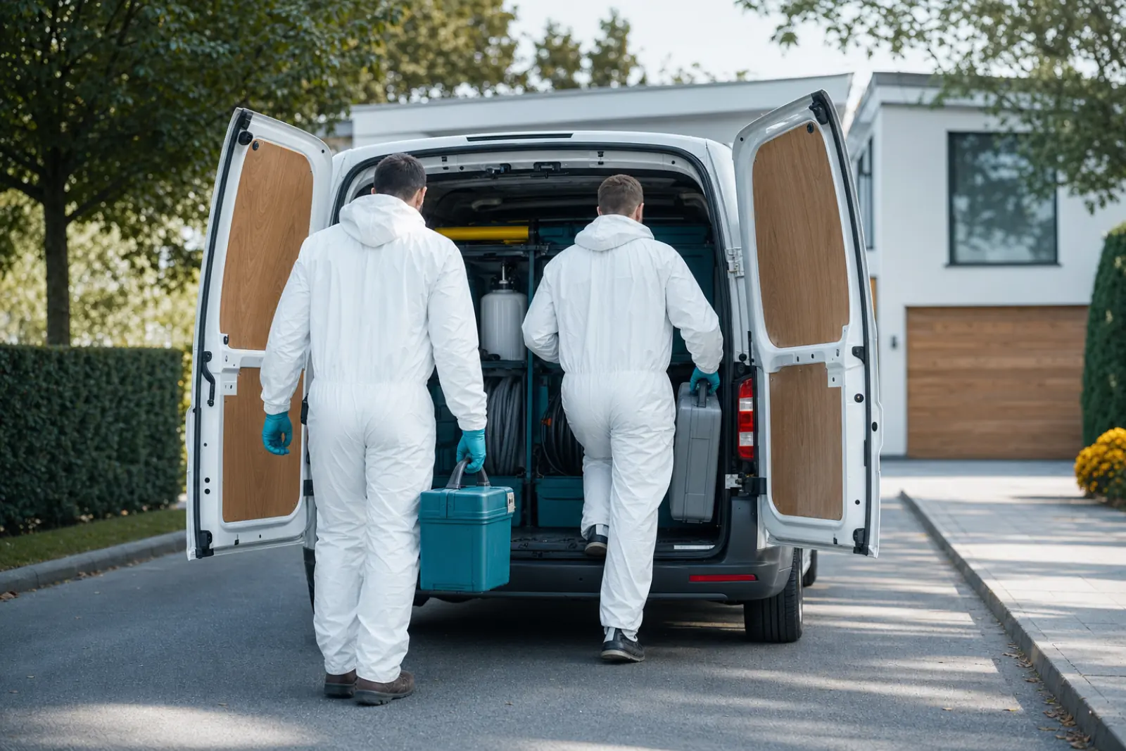 Бригада ДЕЗ-ЭКО загружает оборудование в служебный автомобиль перед выездом в Кинешме